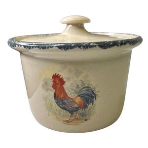 Home & Garden Party Rooster Crock 4” Small Canister Jar & Lid Handmade USA 2000